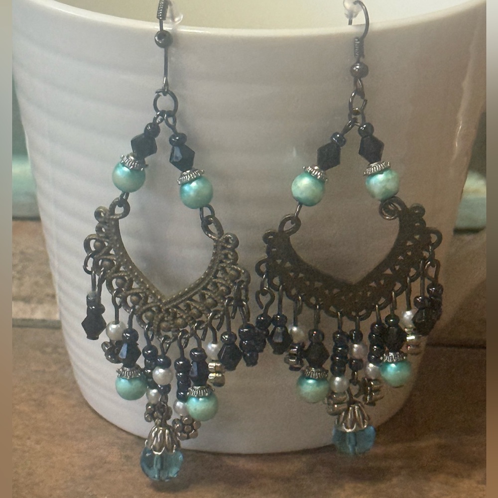 EUC Blue Beaded Chandelier Earrings